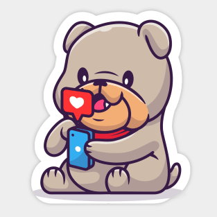 Cute Bulldog Playing Phone Cartoon Sticker